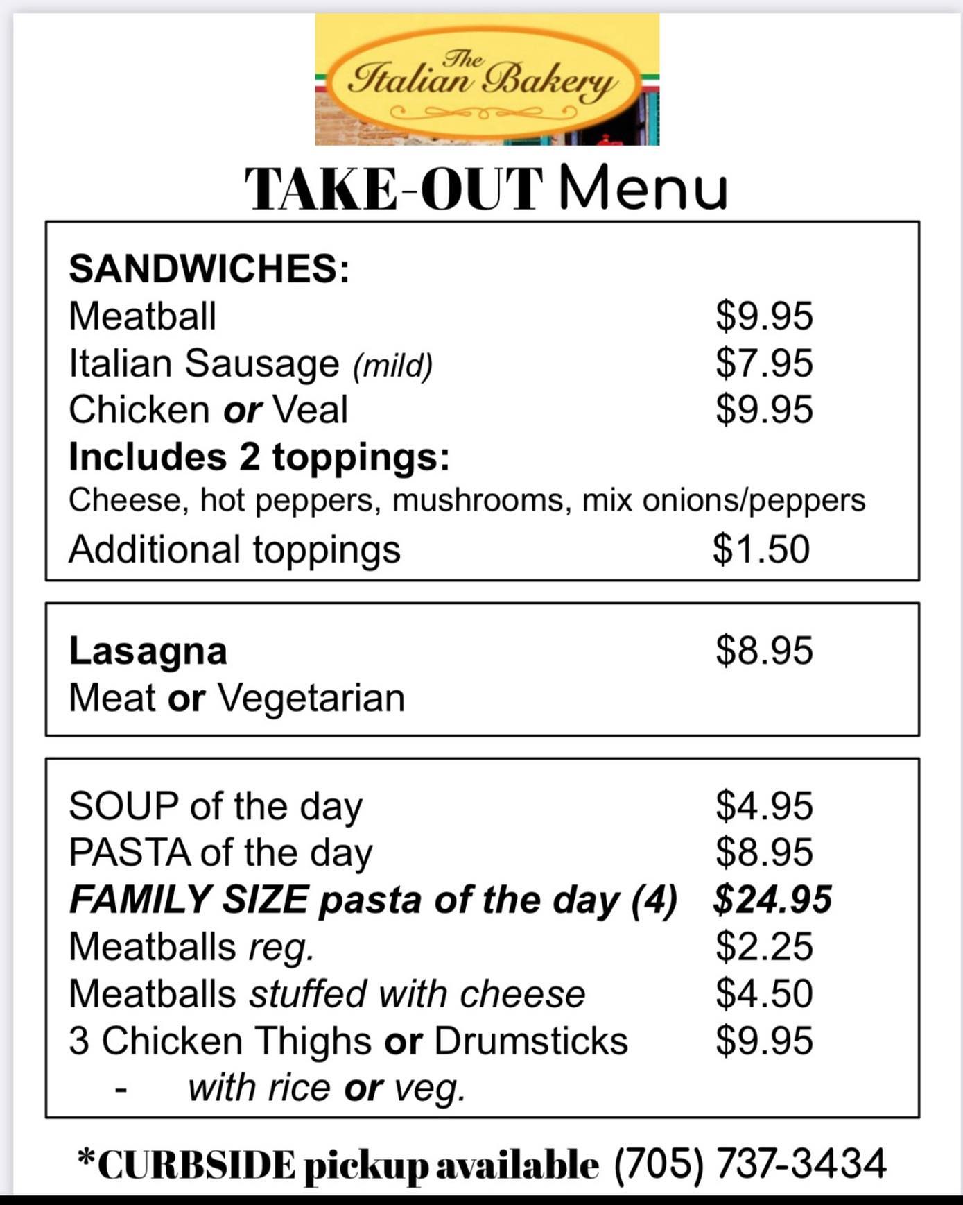 TakeOut Menu The Italian Bakery